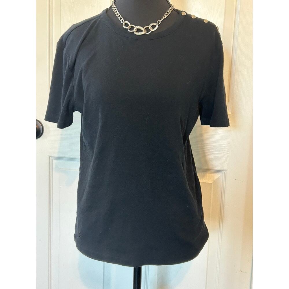 Chaps Black Short Sleeve Top with Gold Button Shoulder Detail - Size Large